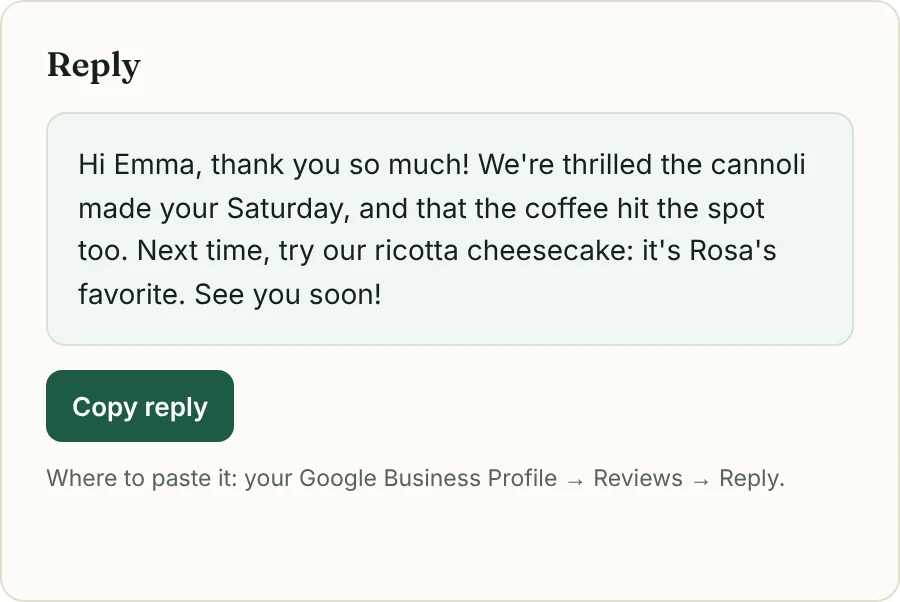 An AI reply ready to copy and post on Google